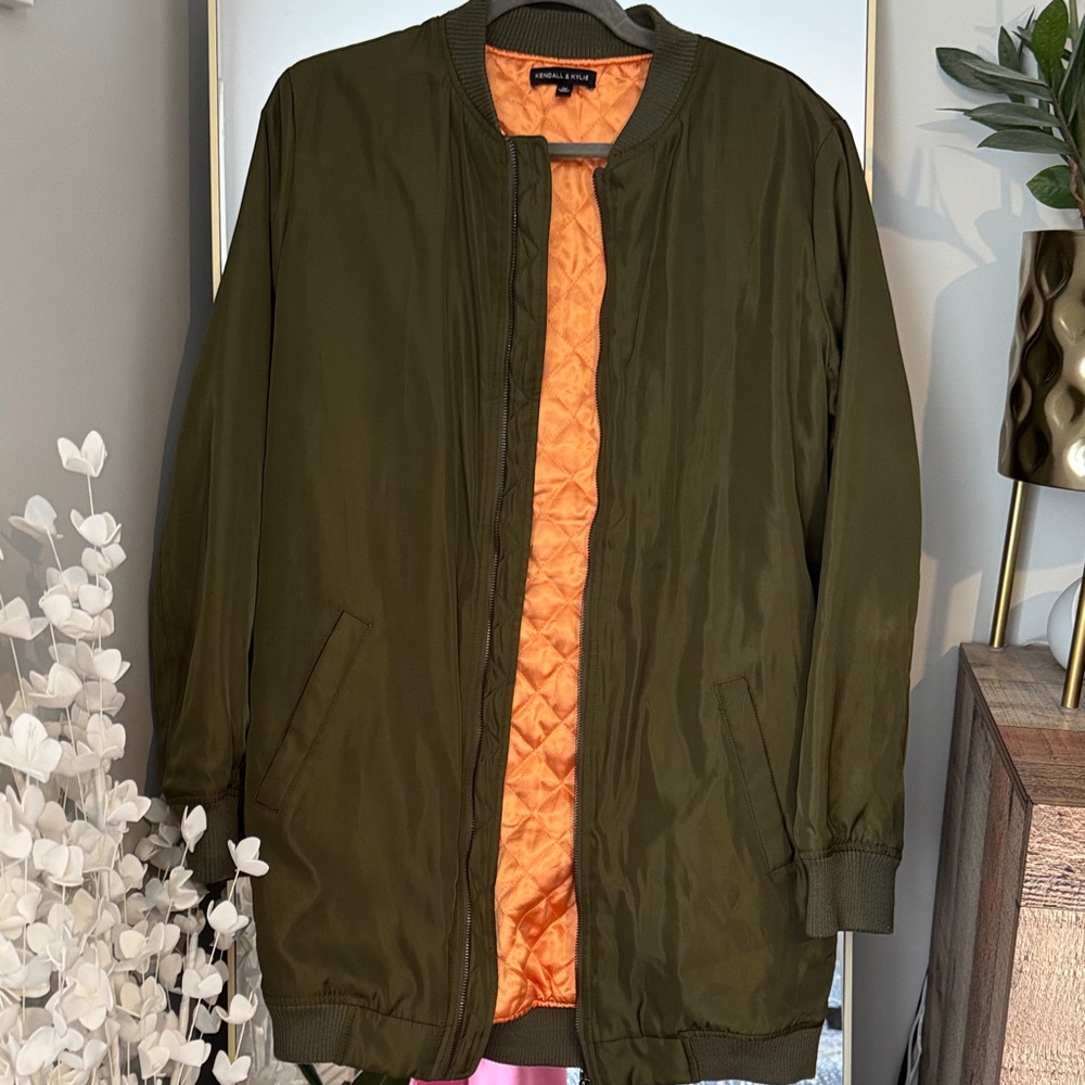 Kendall & Kylie Olive Green Bomber Jacket with Orange Lining